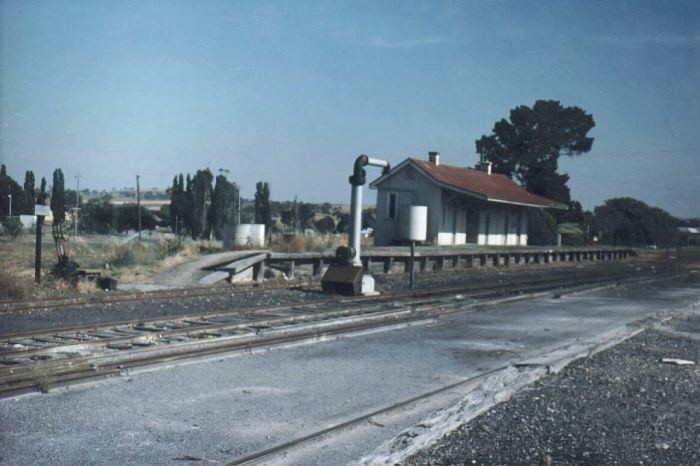 
The view looking towards the terminus, showing the station, platform,
water columns and lever frame are still present.
