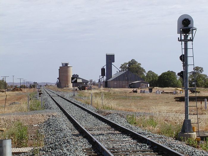 
The view looking north from the level crossing where the Mid-Western
Highway crosses the line.  There are men working on the siding to the silos.
