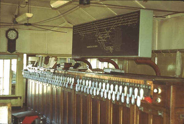 Flemington Car Sidings signal box shows the array of pistol grips to control the complex sidings and main line.