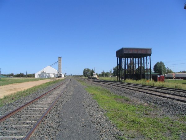 
The grain silo, platform and water tower, looking south towards Moree.  The
one-time turntable was located out of the picture to the right.
