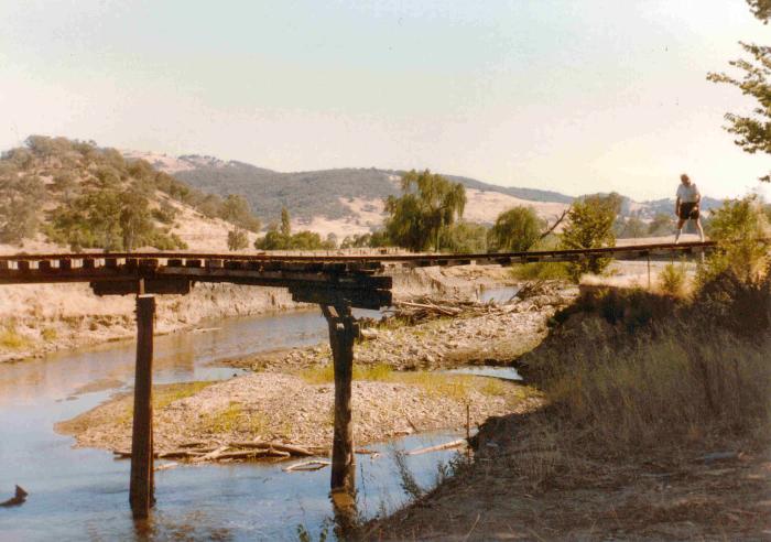 
A view of the damaged bridge near Gilmore that caused the closure of the line.
Taken shortly after the closure in 1984.
