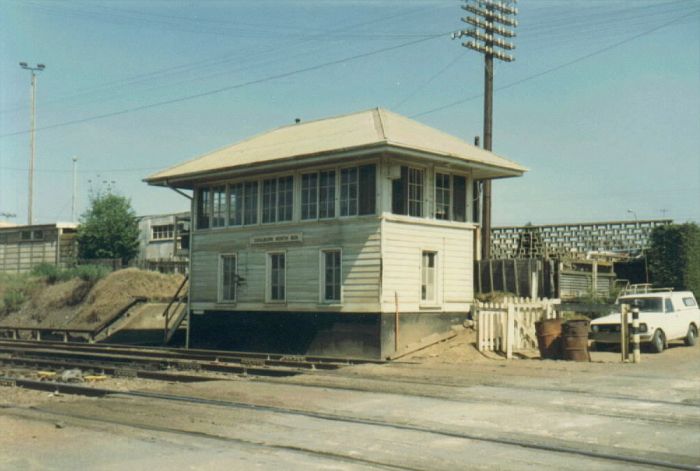 
Goulburn North Signal Box was located adjacent to the Goldsmith Street
level crossing.  It was decommissioned in 1979, about a week after
this photo was taken.
