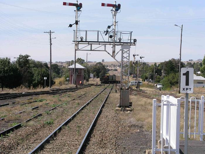 
The view looking north to Harden North Box.  A wheat train has just left the
Up Goods siding (left) heading towards Sydney.
