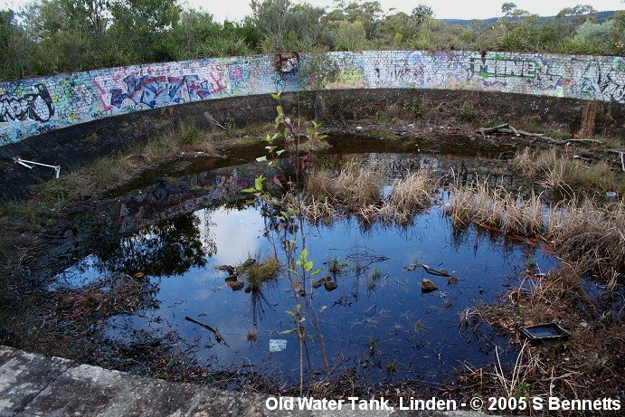 A photo of an old water tank at Linden. It is located in overgrown bush between the Down Main and the Great Western Highway. There is almost no noticable sign of its existence of location from either the highway or the railway. This view shows the south and western sides of the tank, the hills seen forming the horizon on the right of the photo are the eastern side of the ridge running north-south known as the Woodford Bends.  Acording to the ARHS Bulletin no. 241 - Nov 1957 a water tank was built in 1885 and on the diagrams illustrating the article the location shown is very close to where the Brick sided concrete lined tank in the photo is found today.