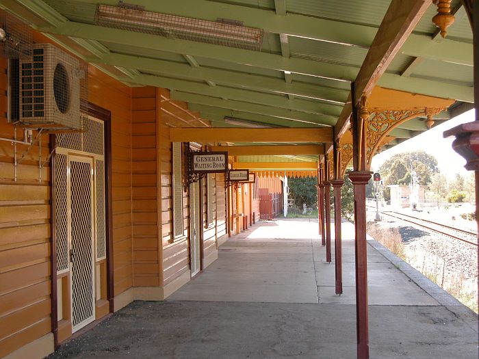 
The view looking down the platform showing the restored station building.
