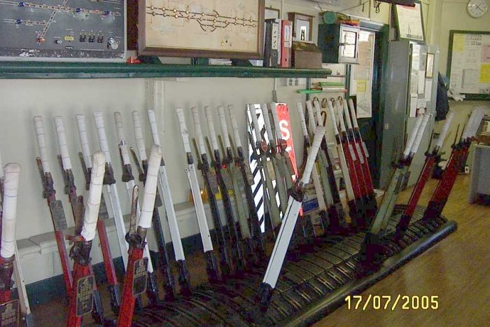 The lever frame inside the signal box on the platform.