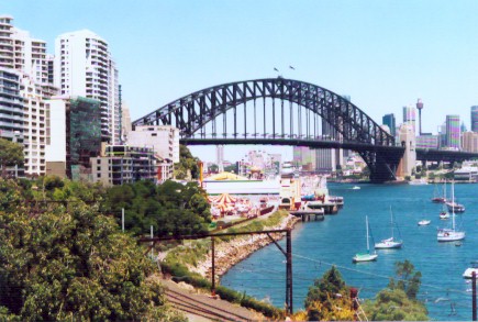 LThe North Sydney car sidings with Luna Park and the Harbour Bridge in the background. Luna Park is sited on the original Milsons Point station.