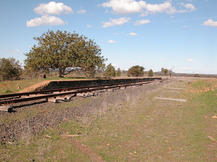 
The concrete platform still remains, in this view looking up the line.
The one-time loop siding would have been in the foreground, and the
mound on the far right is all that remains of the goods bank.
