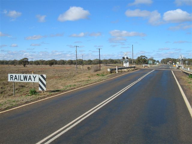 
The level crossing where the Cobar branch curves around towards Cobar. The
telegraphs are where the main west would have continued on had the junction
not been removed after the 1989 floods.
