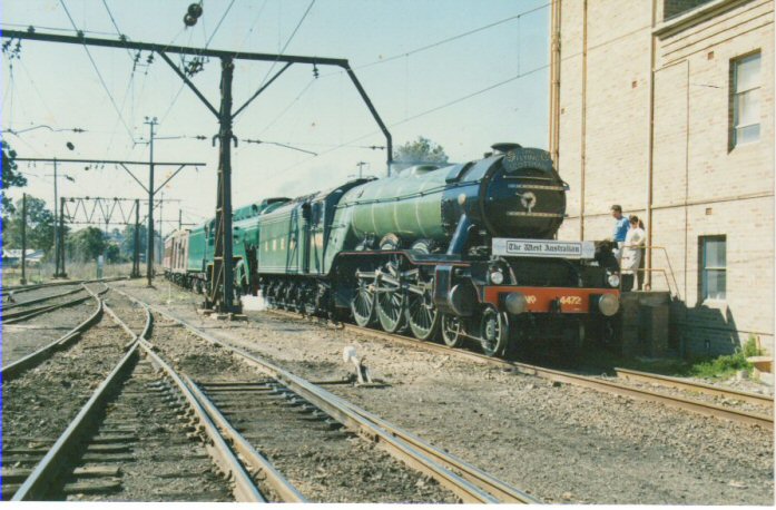 3801 and 4472 Flying Scotsman at Penrith during the  1988 bi-centennial. Taken from the western end looking east toward Sydney with the signal box at the back.