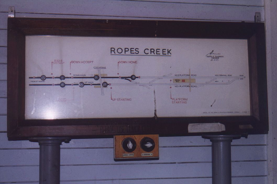 
The signal diagram at Ropes Creek.  Note that the section from
St Marys to near Ropes Creek was electrically signalled, and from there on
was mechanical signalling.
