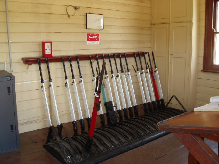 The frame inside the staff hut. Only three of the levers are still in use.