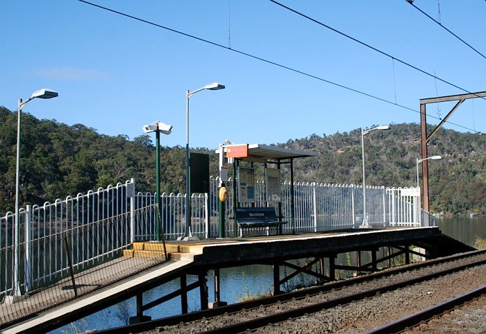 A view of the short Sydney side platform on the banks of Mullet Creek.