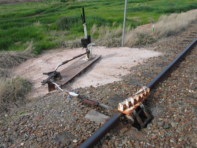A close-up of the derailer on the Up Siding.