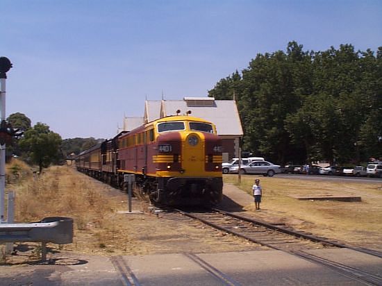 
4401 and 4908, at the head of a tour train,  stand at the platform at Young.
