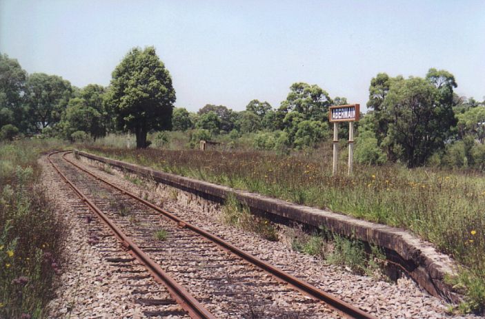 
The curved up platform, with recently re-painted name board.
