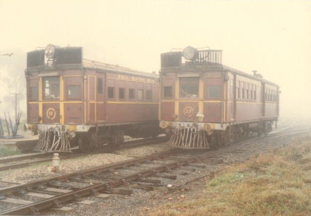 A pair of "Tin Hares" are stopped adjacent to the C Frame at The Temora end of the yard.