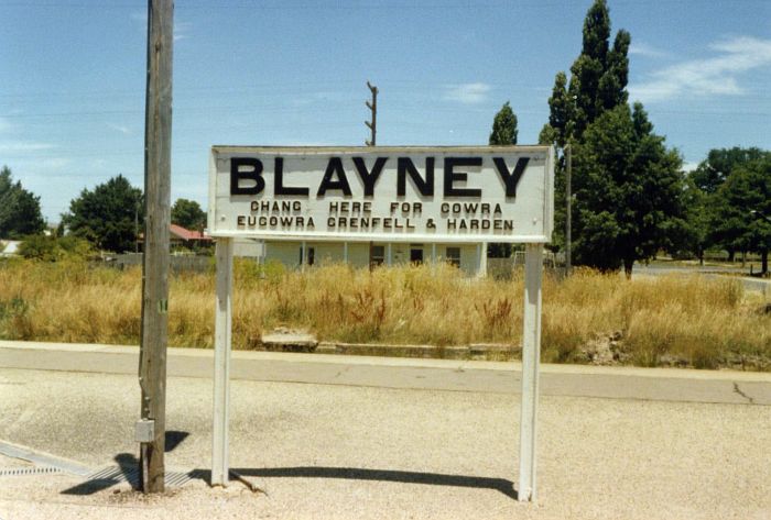 
The nameboard for Blayney, junction for the branch line to Cowra and
beyond.

