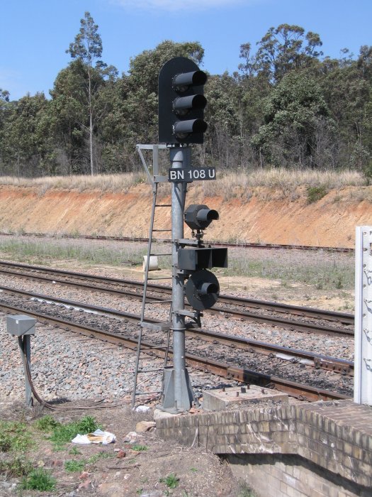 The BN108 Up Main Starting signal. The platform face at the bottom was for the former dock siding.