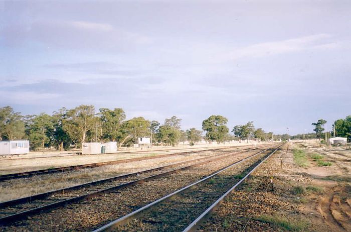 
The view looking south from between the staff hut and Down Home.  The
tracks from left to right are the Wheat, Silo, and Loop Sidings, and the
Main Line.
