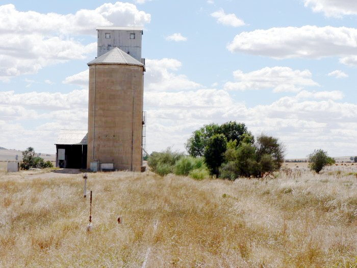 The view looking west towards the silo. The station was located just beyond the kilometre post on the left.
