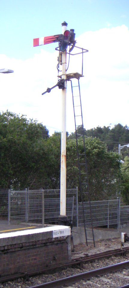 
A close-up of the semaphore signal at the up end of the station.
