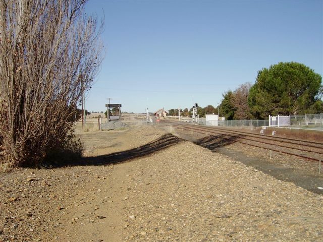 The view looking south towards the goods yard.  The goods shed and jib crane are visible in the distance.