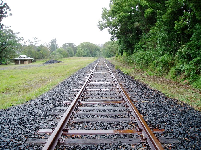 The view looking up the line. The former goods siding and crane were on the left, with a loop siding on the right.