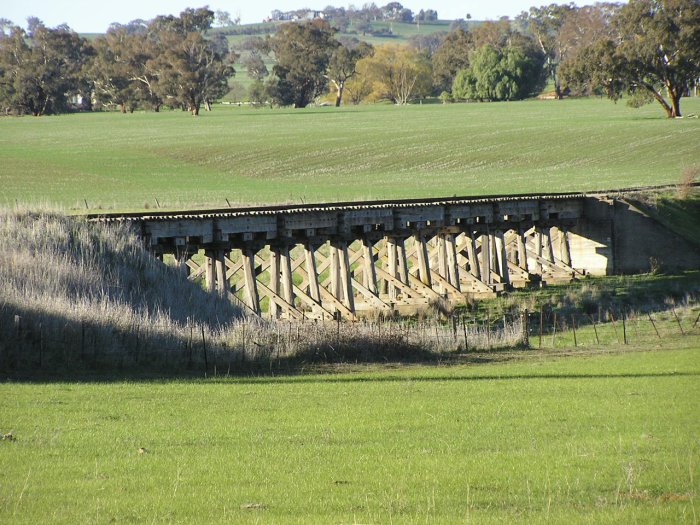 Close-up of a timber trestle across a floodway, just east of the Urana Road level crossing.