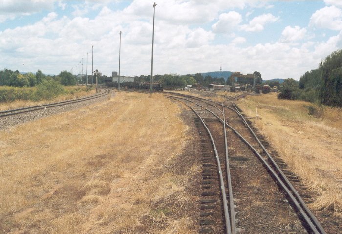 The view of the entrance to the Canberra yards.  The track on the left proceeds to the station and the one to the right to the good shed and the sidings now used by the ARHS ACT Branch for its museum.