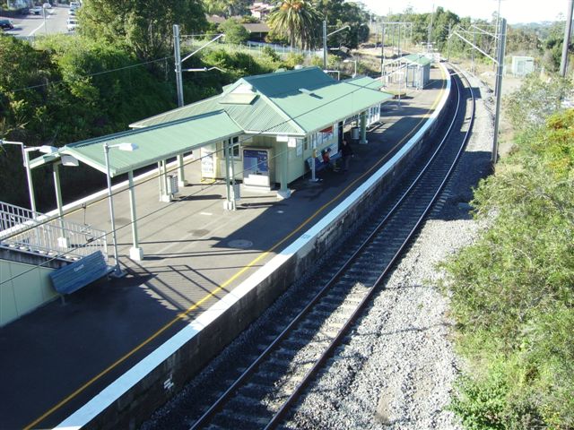 Cardiff Station as viewed from the footbridge at the Sydney end . The track closest to the camera is the up line, with the next train being an all-stops service to Morisset.
