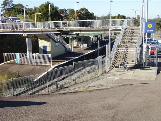 Cardiff Station as seen from the access road to the carpark. The ticket office is located at the Sydney end of the island platform which is accessible only via the footbridge.
