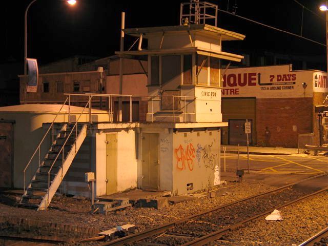 
The tiny Civic signalbox which controlled the Merewether Street level
crossing next to the station.  This is now monitored remotely via closed
circuit cameras from the CTC at Broadmeadow.
