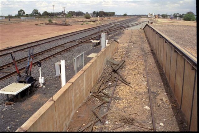 The view looking east from the dock siding. The turntable is visible on the left, with the goods siding branching off in the middle.