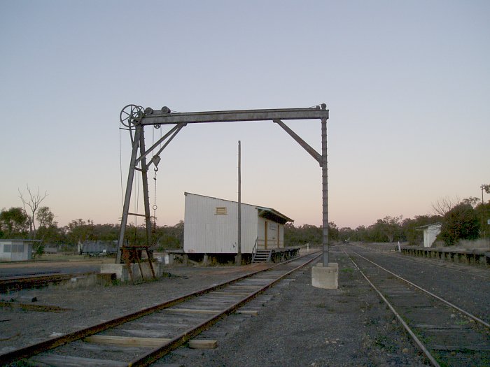 The view looking up the yard, showing the gantry crane and goods shed. The main platform is visible on the far right.