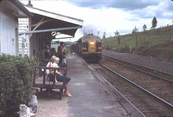 Coopernook station saw some activity in this 1981 shot of 4463 leading a 48 on a northbound freight as onlookers watched.