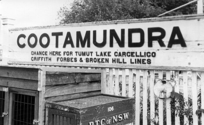 
The nameboard at Cootamundra, showing some of the destinations which can be
reached from here.

