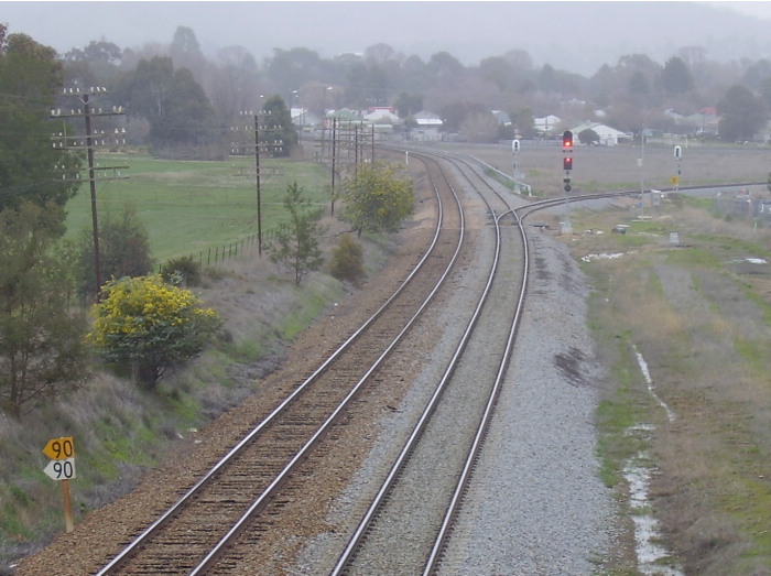The Main Southern Line showing the northern junction of the Cootamundra triangle.  A view from the Olympic Highway bridge looking south towards Cootamundra.