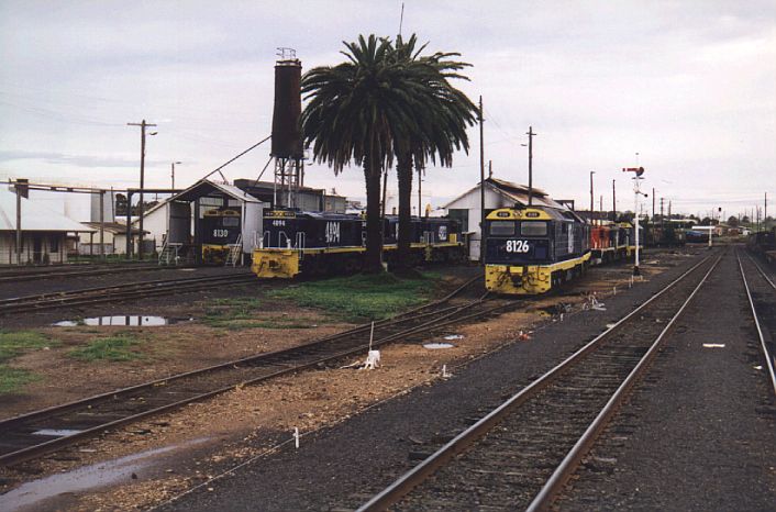 
Various locos rest in the yard behind the platform at Dubbo.
