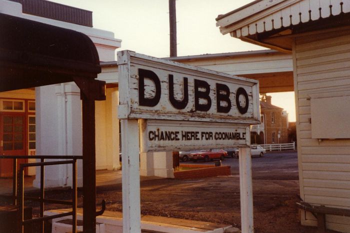 
The wooden nameboard for Dubbo, junction for the line to Coonamble.
