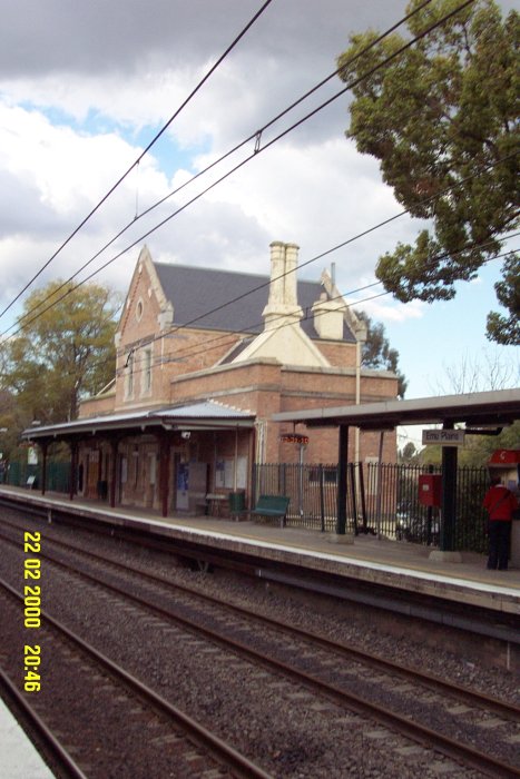 The brick station building on the down platform.
