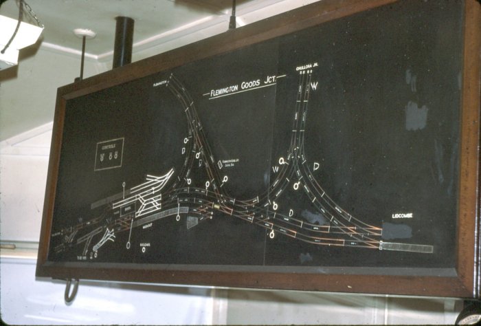 This is the black Indicator board of Flemington Goods Junction which shows the positions of the train. Not to many of this style existed on the NSWGR.