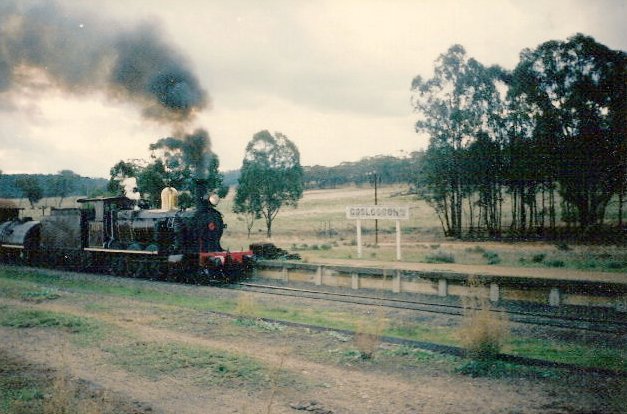 A preserved steam locomotive heads a train through the station on its way back to Cowra.