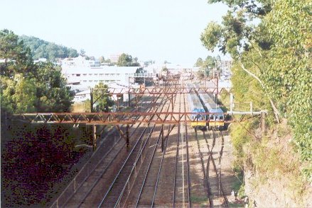 The view looking south from the Etna Street roadbridge towards Gosford Railway Station and railyards.