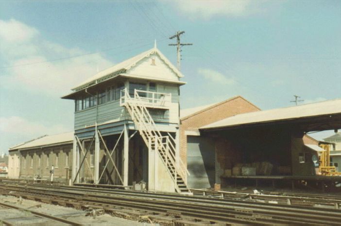 
Goulburn Station Signal Box was located not far to the north of the station,
on the up side of the line.  It was decommissioned in 1979, about a week after
this photo was taken.  Behind the box is the large goods shed
and platform.
