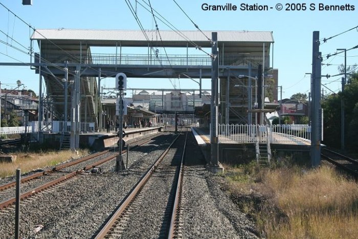 A view of the Sydney end of Granville station, taken from the front of a Mount Victoria bound V Set.