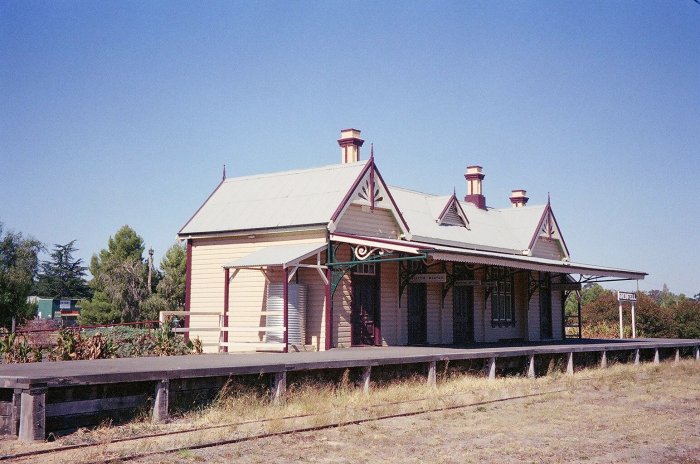 A recent view looking across at the restored station, with rebuilt platform and repainted sign.