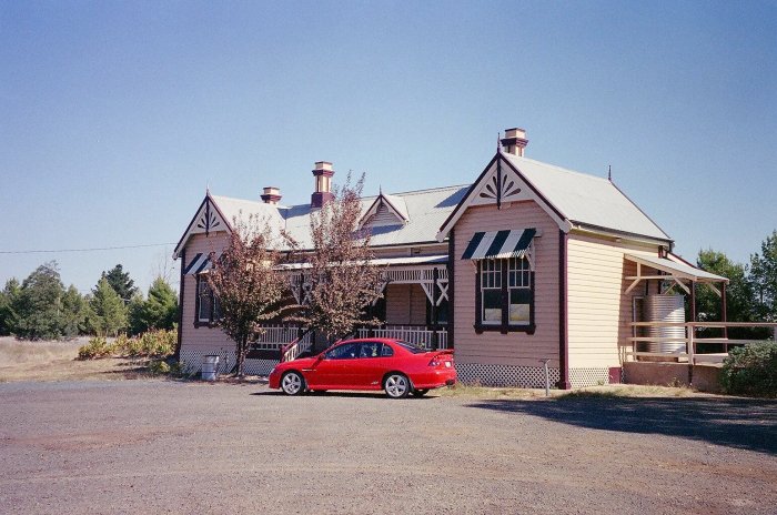 The road-side view of the preserved station building.