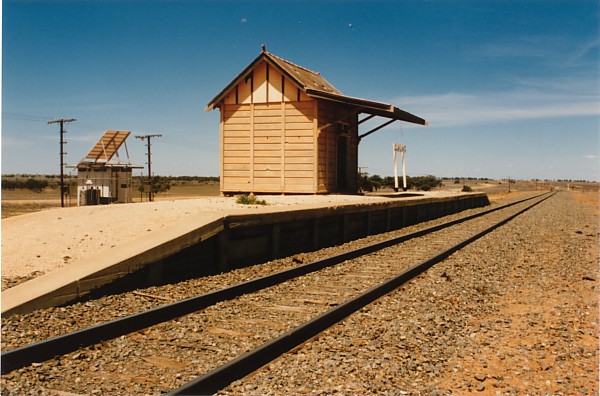 
A view showing the isolated platform, station building and name-board are all
in good condition.
