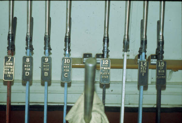 A close up of all the levers in Henty Signal Box, showing the release levers for the ground frames. 